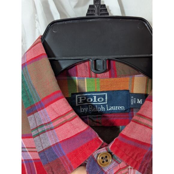 Polo by Ralph Lauren Madras Plaid Safari Red Short Sleeve Button Up Size Medium - Picture 2 of 10